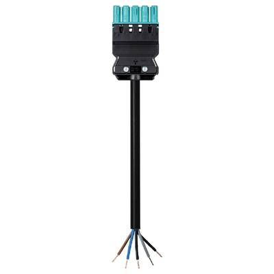 Cable connector with five blue terminal blocks on top, a black housing, and five coloured, stripped cable ends underneath.