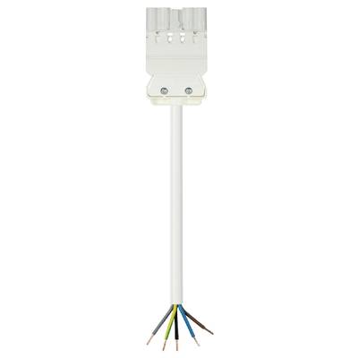 Cable with various coloured wires protruding from the end of a white connection housing.