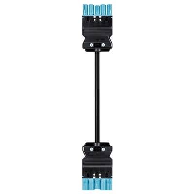 A vertical connector with a black rod and blue end caps. Top and bottom surfaces include clamps with screws.