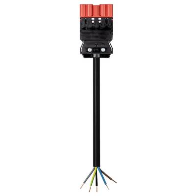 An electrical plug with red cable clips on top and six coloured insulated wires, each with exposed ends.