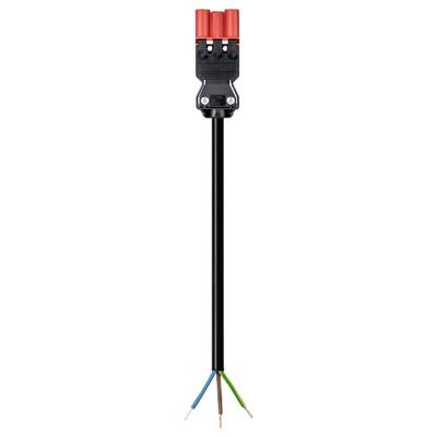 Three-core cable with stripped ends, connected to a black plug terminal with three red levers for secure connection.