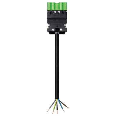 'Electrical cable with five exposed wires in different colours, protruding from a black connector. Green clamps at the top.'