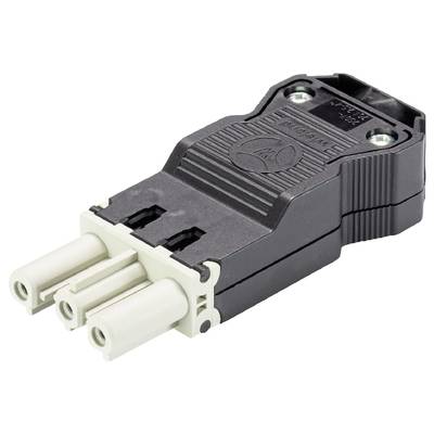 A three-pin, black electrical plug with white terminals, suitable for industrial applications.