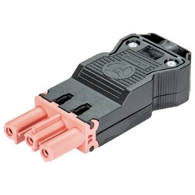 Three-pin plastic electrical plug in black with red contacts, shown tilted from front to back.