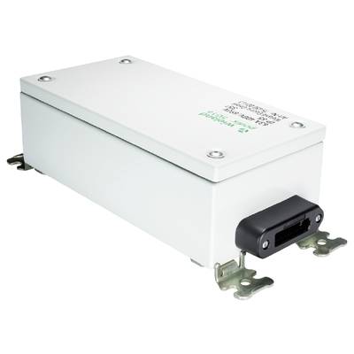 A rectangular, metallic enclosure with labelling and a black connection on the side. Likely serves as an electrical component.