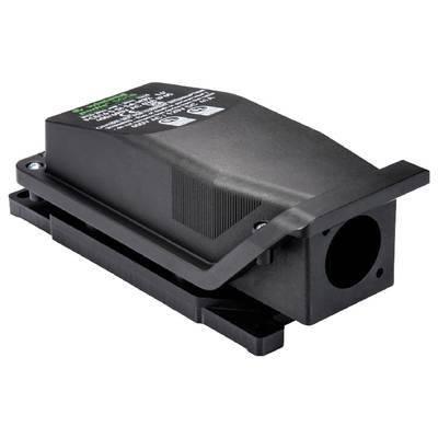 A black electrical component with a housing and cable connection, presumably a transformer or adapter, on a white background.