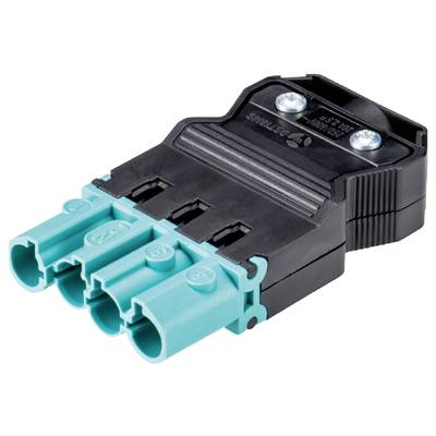 An electrical connector with three turquoise-coloured terminals, suitable for industrial applications.