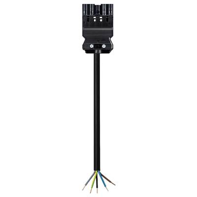 A black cable with five coloured cable cores (brown, blue, green/yellow, black, grey) is secured in a black connector plug.