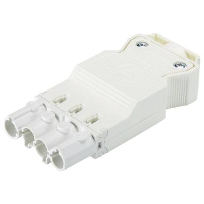 A white, three-pole connector with a ribbed housing and screw fixings.