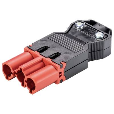 Connector with three red terminals and a black housing, secured by two silver screws, for industrial applications.