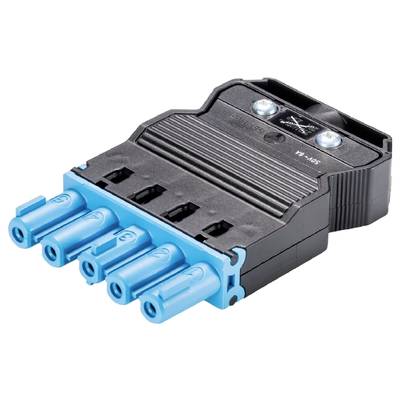 A black plastic plug with four blue electrical connections, with labelled top surface for identification.