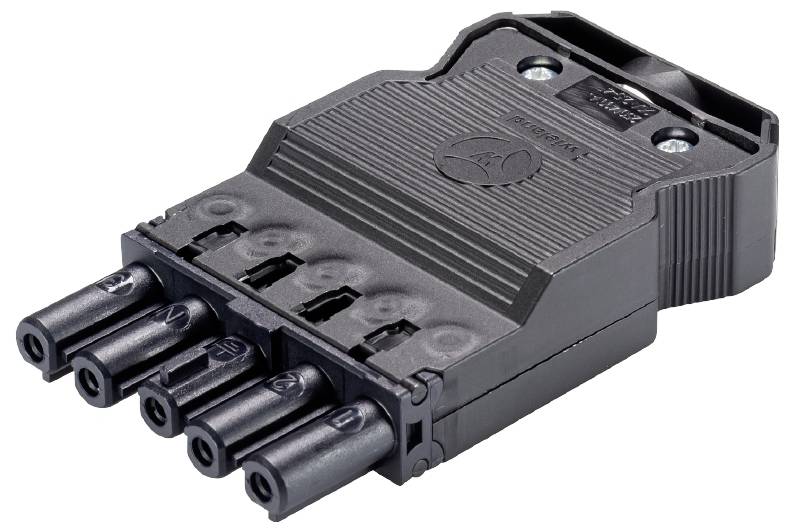 A black, multi-pole electrical connector with multiple contact pins, a structured surface, and a side-locking mechanism.
