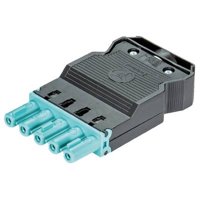 A black, rectangular connector with four turquoise-coloured socket slots, suitable for connecting electrical cables.