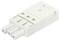 A white, rectangular electrical connector with three pins, suitable for cable connections in technical applications.