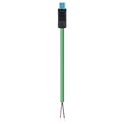 A green cable with a black connector at the top and two open ends on the right.