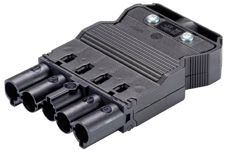 A black electrical connector with five socket slots and two screws on top. Used for electronic connections.