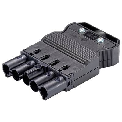 A black electrical connector with five socket slots and two screws on top. Used for electronic connections.