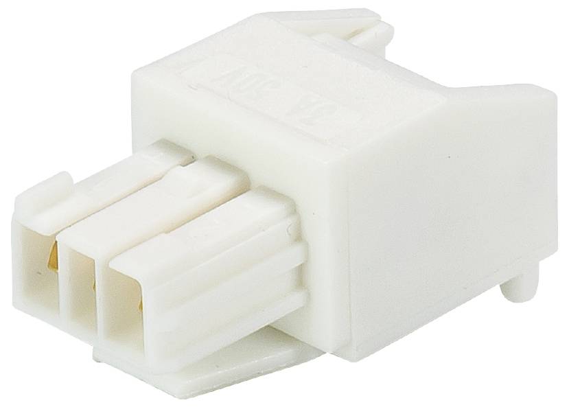 White plastic electrical connector with three pins, rectangular in shape. Connects electrical circuit.