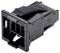A black, rectangular plug connector with two metal pins and a clip on the top side for locking.