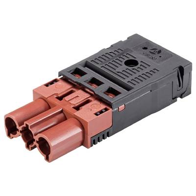 'Stäubli CombiTac' connector, rectangular, red-black, with two socket outlets. Used for modular connections in industrial applications.