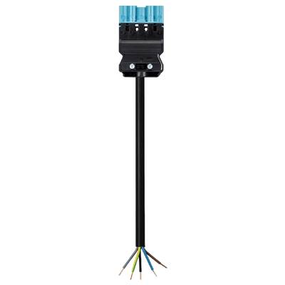 A black multi-core cable is held by a blue multi-socket connector.