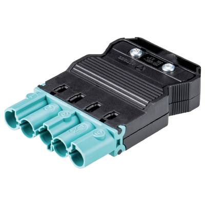Connecting plug with three turquoise connectors, black housing, and brand embossing, demonstrates technical equipment.