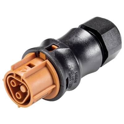 A waterproof plug with an orange and black casing. It has multiple connections and is suitable for electrical connections.