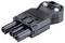 Black, three-pin electrical cable plug with two screws on top.