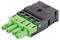 A green, multi-pole connector adapter with a black housing, for connecting electrical cables in technical applications.