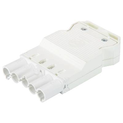 A white, rectangular multi-socket adaptor with four sockets, suitable for electrical connections, is lying on a white background.