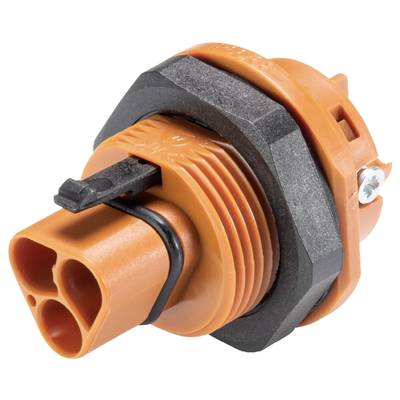 An orange electrical plug with a black protective casing, two connection openings and a mounting cable lug.