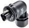 Black plastic sensor with plug connection and white cap. Markings and warning notices visible on the surface.