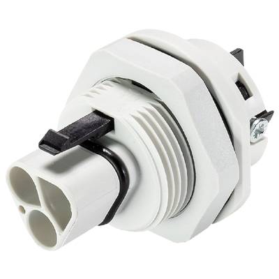 A white-bodied electrical plug with a black connection, suitable for technical equipment or electronic applications.