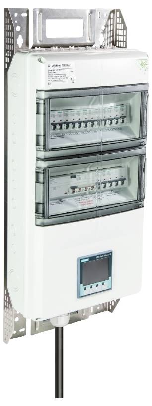 'Electrical consumer unit with two transparent covers and a digital display underneath, mounted on a metal wall bracket.'