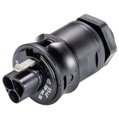 A black, cylindrical sensor with connector ports and printed markings. It is used in electronic applications.