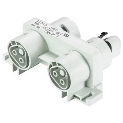 'White electrical connector terminal with labelling on the top surface, two round connections and a rectangular body.'