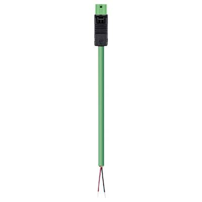 'Green cable with black plug and two open ends, one red and one black. Suitable for electrical connections.'