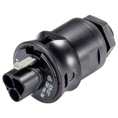 A black, cylindrical electrical connector with two sockets and a grey locking mechanism on the side.