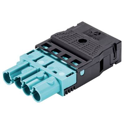 Close-up of a connector comprising a black and turquoise housing with four round socket ports.
