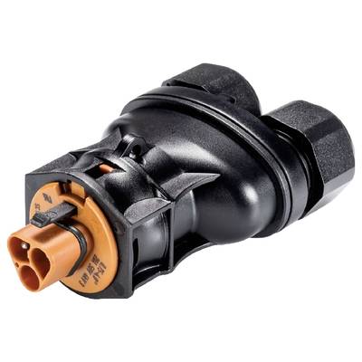 Electrical connector with two black and one orange connection point, mechanically secured, for electrical connections.