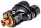Electrical connector with two black and one orange connection point, mechanically secured, for electrical connections.