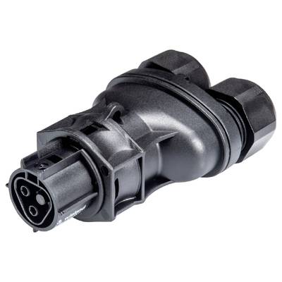 A black, round plug with multiple connection pins and a robust casing, suitable for heavy-duty electrical connections.