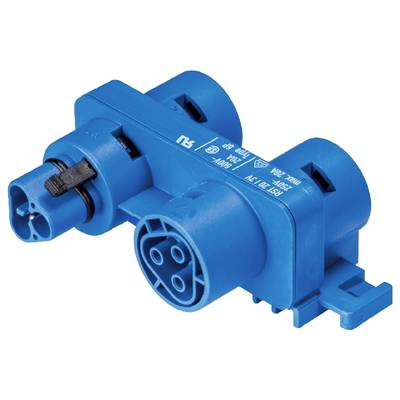 Blue multi-socket electrical plug with a black lever, suitable for industrial applications or electric vehicles.