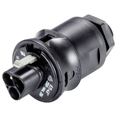 'A black multi-pin automotive connector with a grey locking mechanism. Used in electronic vehicle systems.'