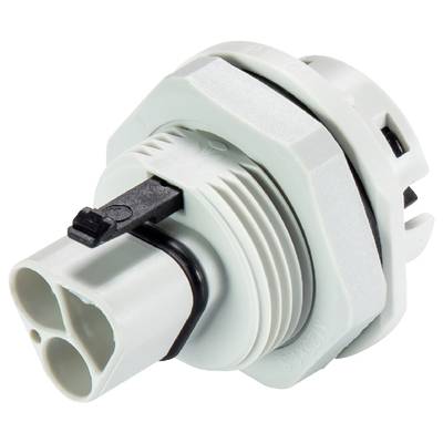 A grey electrical connector with a black clip, cylindrical and robust, for industrial or electrical engineering applications.