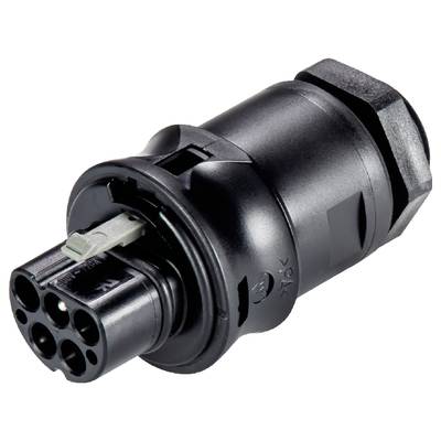 Black electrical connector with a circular housing and multiple connection openings, used for connecting electrical components.