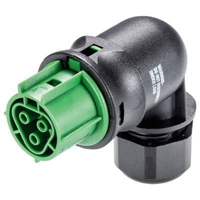 'Black connector with green interface, angled. Contains four pins and a warning label. Suitable for technical applications.'
