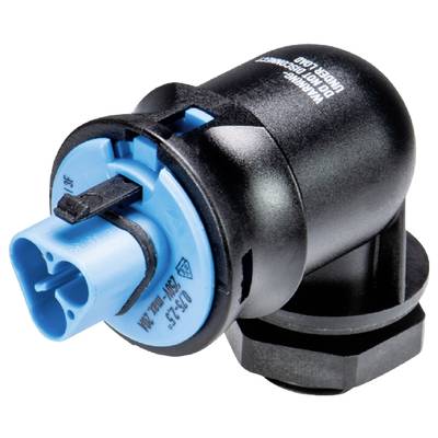 Electric sensor, cylindrical, with black housing and blue connector. Packaged for household appliances or vehicle applications.
