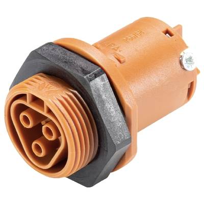 An orange, cylindrical connector with black grooves and three circular contact openings, viewed from the side.