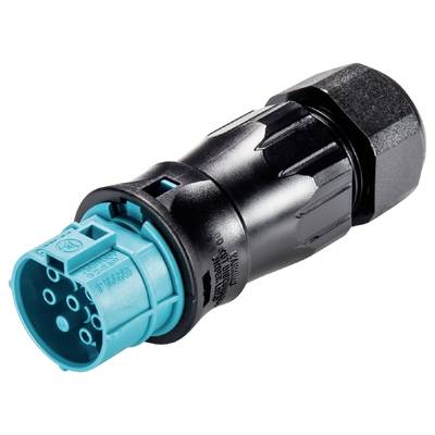 A navy blue electrical connector with multiple pins, used for industrial wiring.